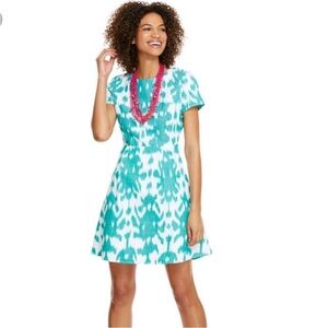 Vineyard Vines Teal and White Ikat Fit-and-Flare Mini Dress